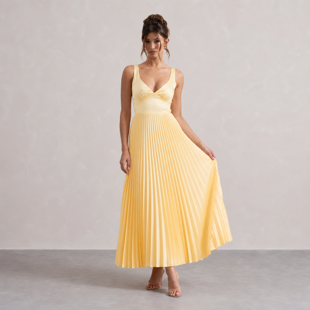 V-Neck Sleeveless Pleated Satin Maxi Dress