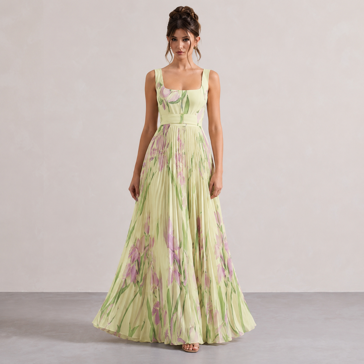 Square Neck Belted Floral Pleated Maxi Dress 10