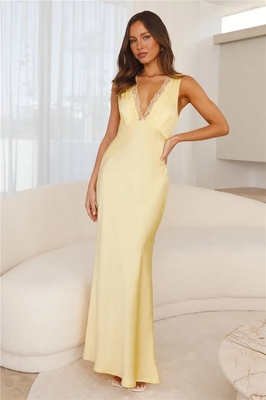 Satin Deep V-Neck Lace Trim Wide Strap Maxi Gown