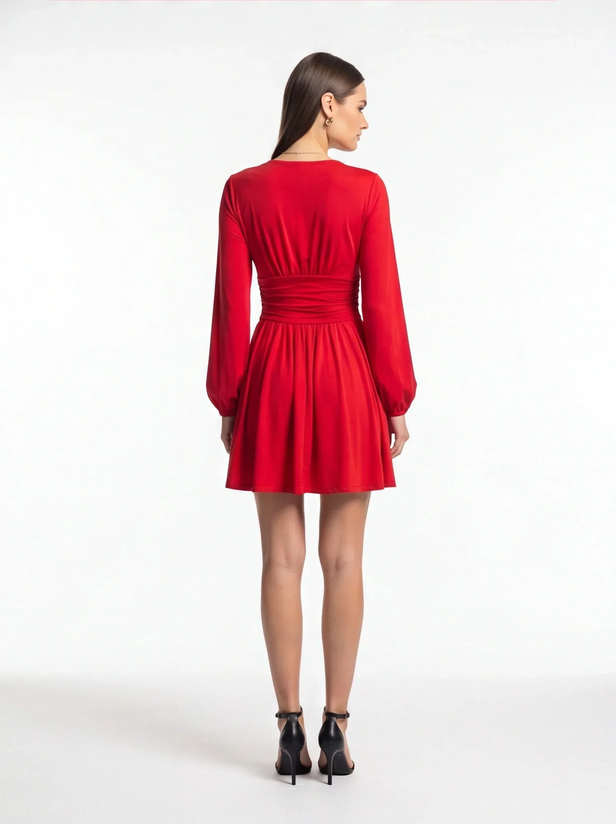 Deep V-Neck Ruched Button Front Long Sleeve A-Line Mini Dress - View 3