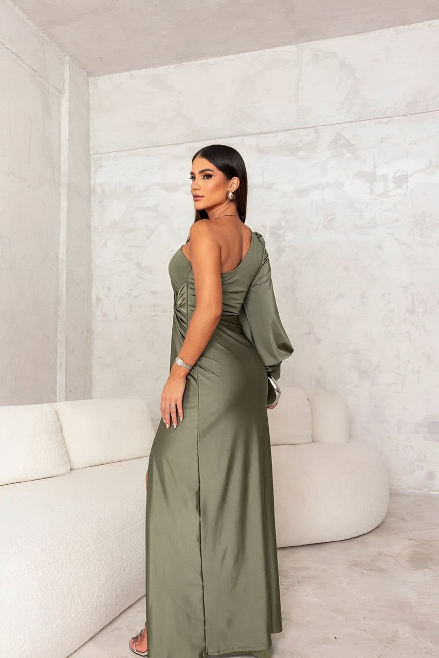 Satin One Shoulder Twist Front High Split Maxi Dress 10