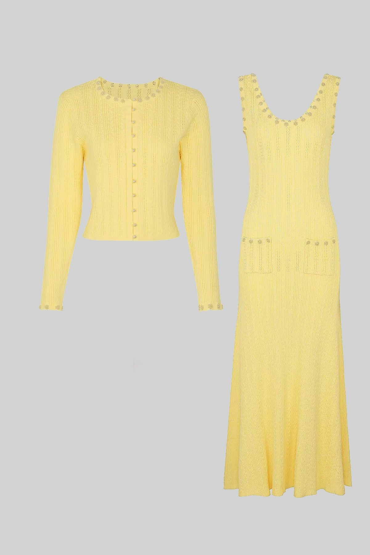 Ribbed Pointelle Pearl Button Cropped Cardigan Sleeveless Midi Dress Two-Piece Set - View 6