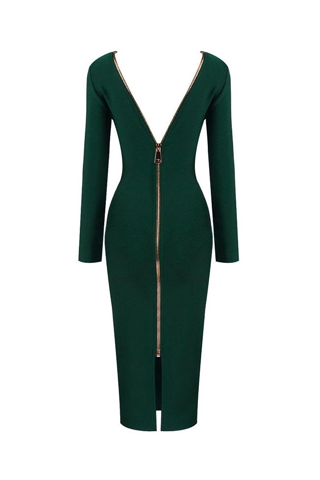 Deep V-Neck Long Sleeve Zip Back Cocktail Midi Dress in Emerald Green - View 4