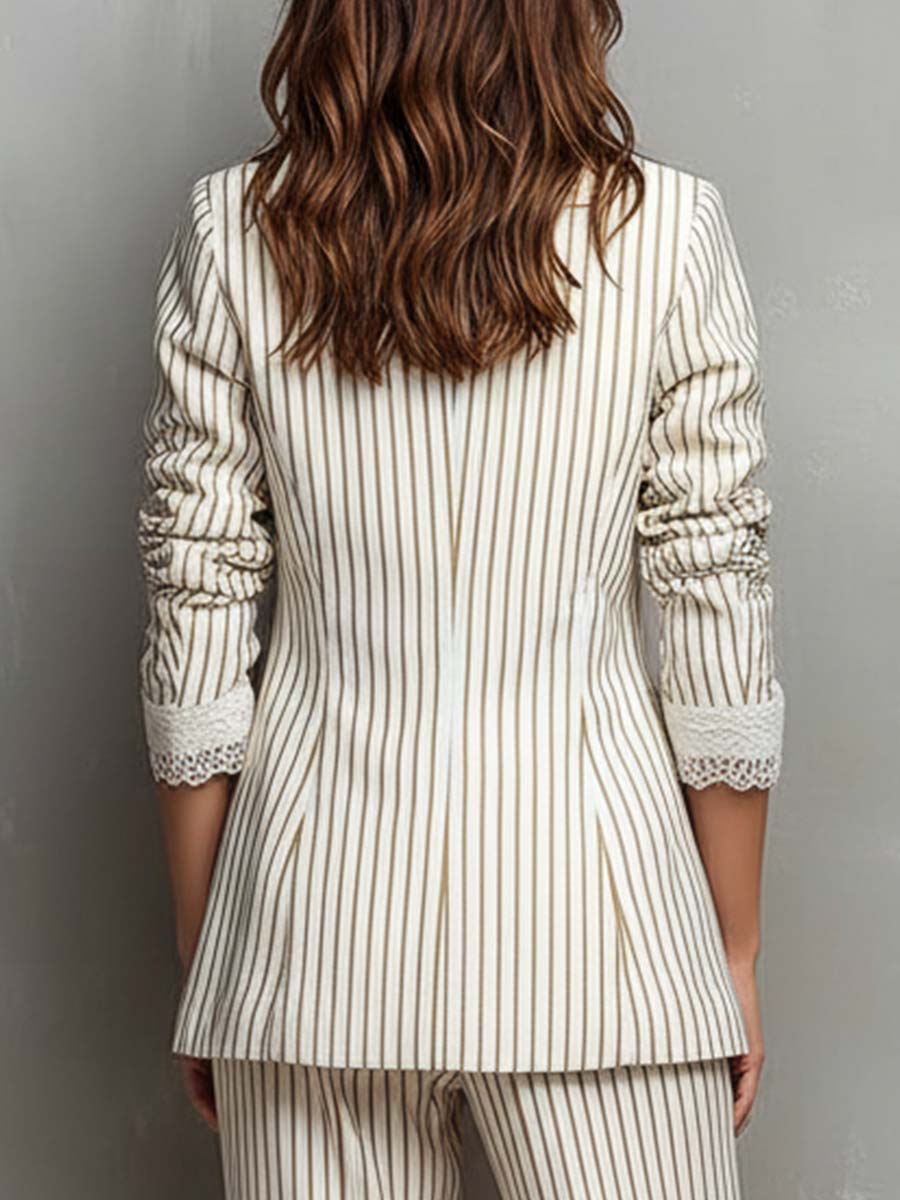 Pinstripe Lace Trim Open Front Blazer 3