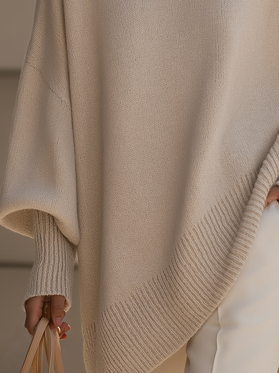 Crew Neck Oversized Asymmetric Hem Poncho Sweater 5