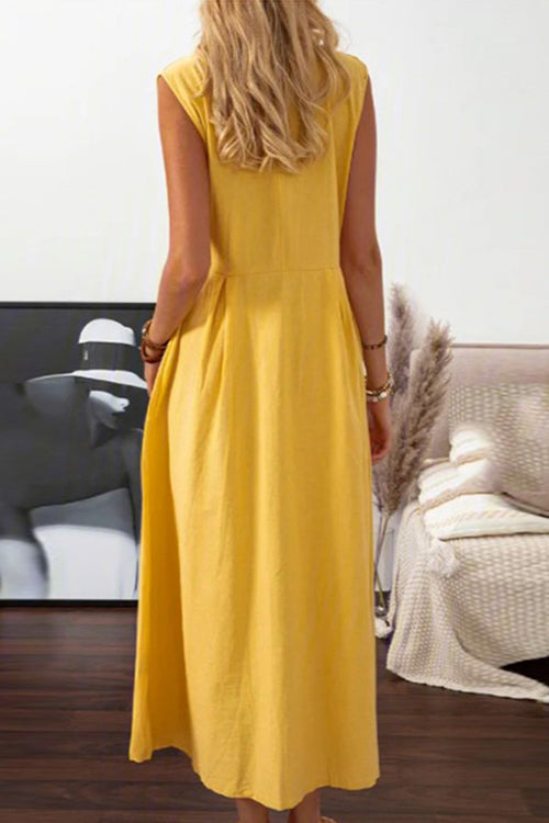 V-Neck Lapel Collar Sleeveless Button Front A-Line Midi Dress - View 6