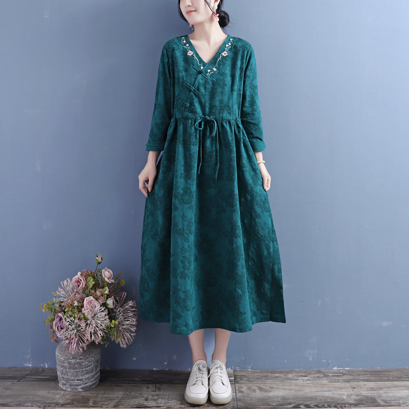 Jacquard Floral Embroidery Frog Button Wrap V-Neck Tie Waist Midi Dress - View 7
