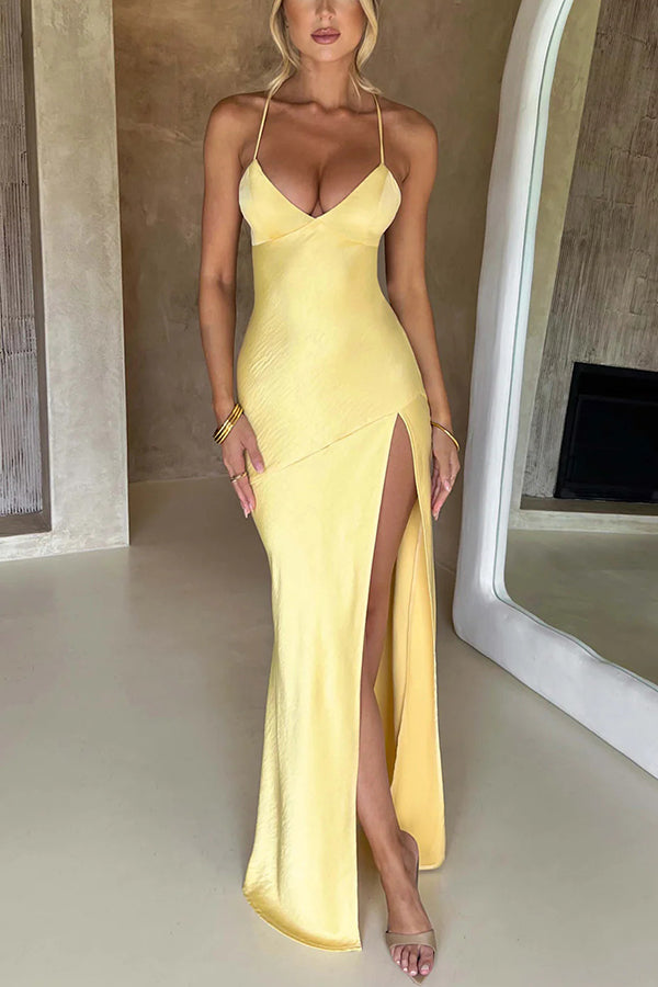 Satin Solid Color Sexy Backless Lace Up High Slit Maxi Dress - View 3