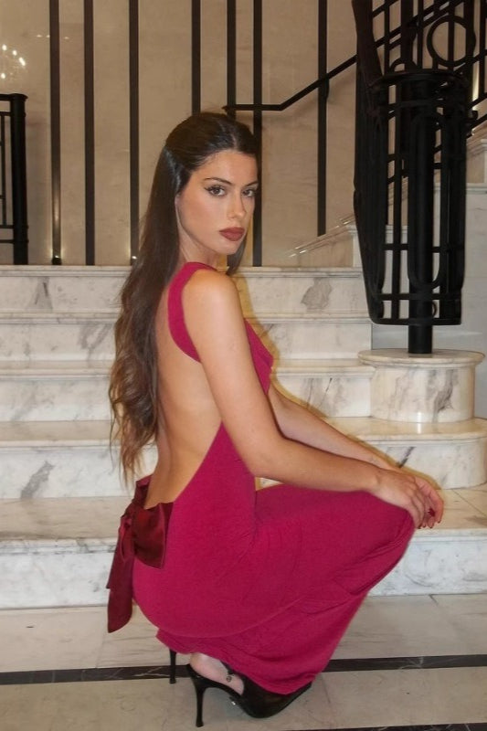 Wide Strap Backless Bow Detail Bodycon Maxi Cocktail Gown