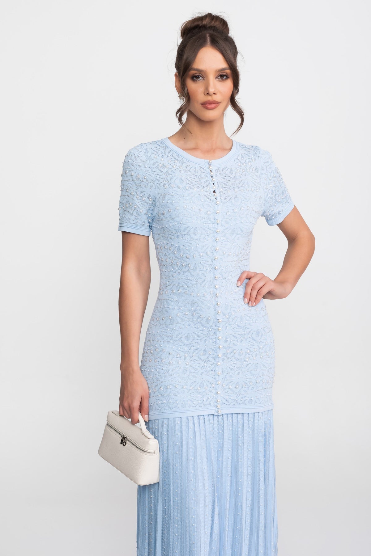 Lace Bead Embellished Round Neck Pearl Button Drop Waist Pleated Maxi Dress - View 4
