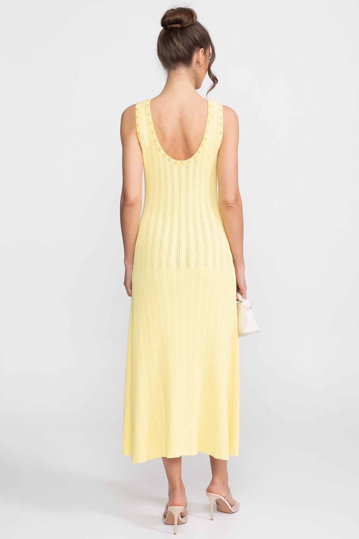Ribbed Pointelle Pearl Button Cropped Cardigan Sleeveless Midi Dress Two-Piece Set - View 13