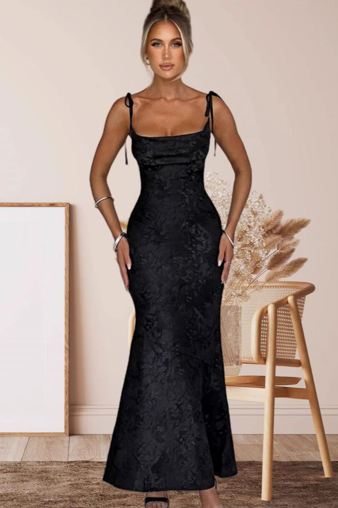 Square Neck Tie Strap Jacquard Mermaid Maxi Dress 13