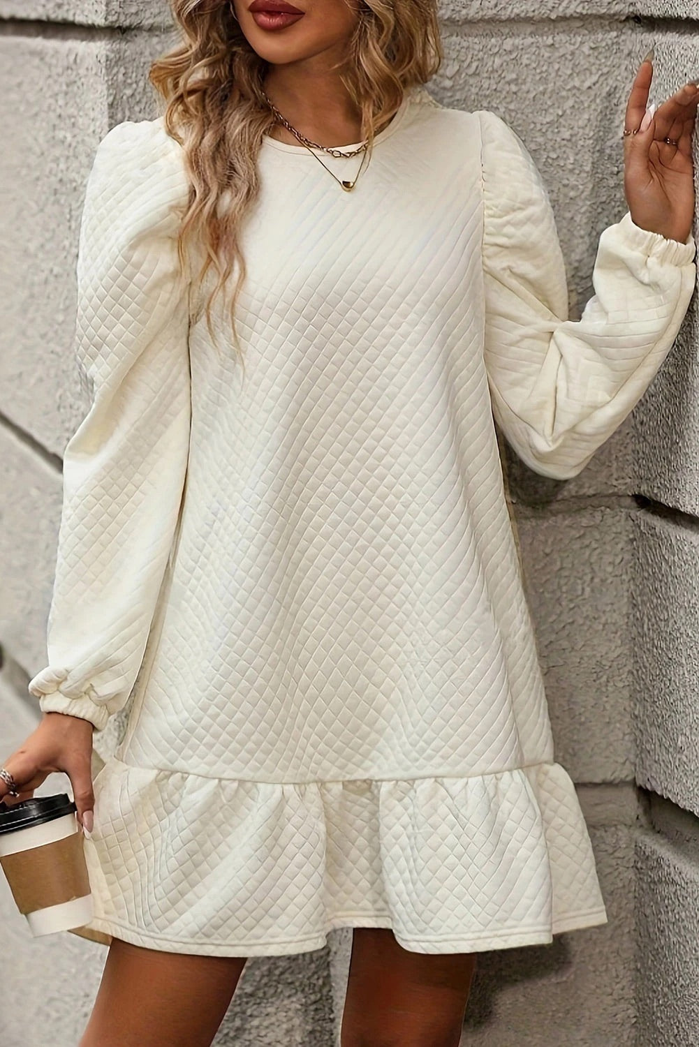 Ariana White Structured Grid Ruffle Hem Mini Dress - View 3