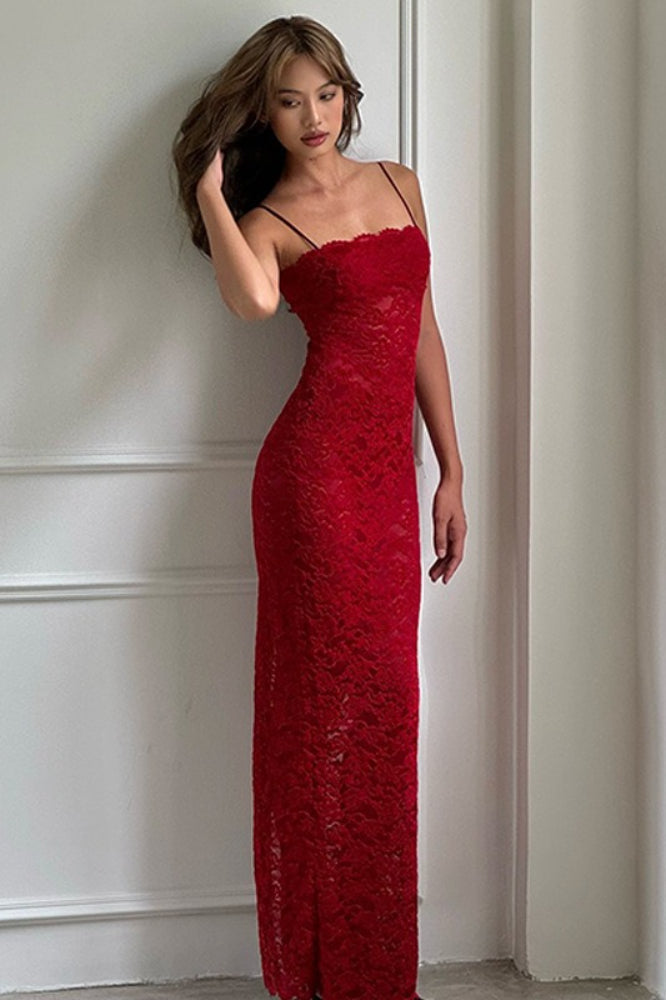 Lace Spaghetti Strap Straight Neck Bodycon Slip Maxi Dress - View 3