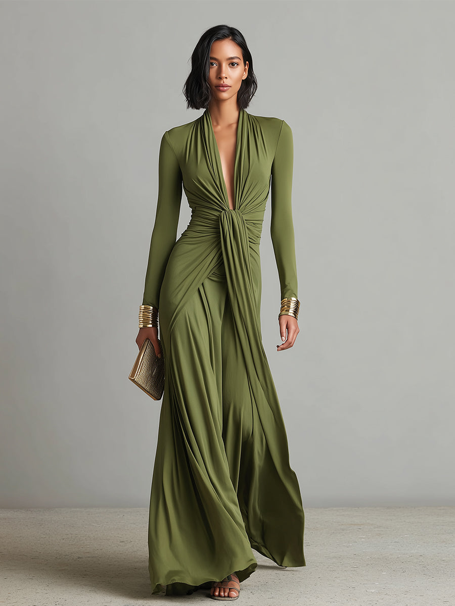 Deep V-Neck Long Sleeve Ruched Draped Maxi Dress Formal 4
