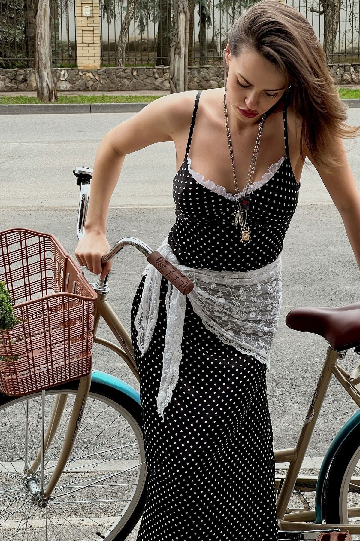 Polka Dot Lace Trim Cami Maxi Dress in Black - View 2