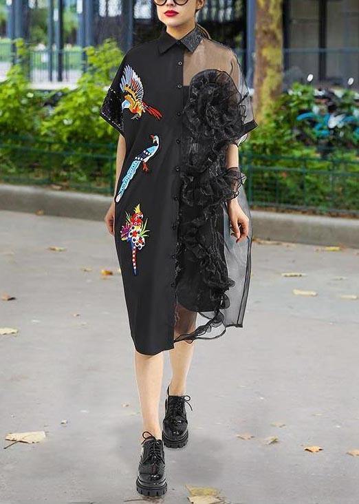 Bird Embroidery Mesh Ruffle Asymmetric Button Front Shirt Midi Dress