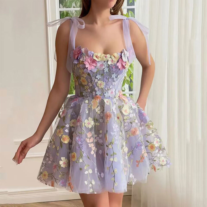 Floral Applique Tie Strap Corset Tulle A-Line Mini Dress - View 4