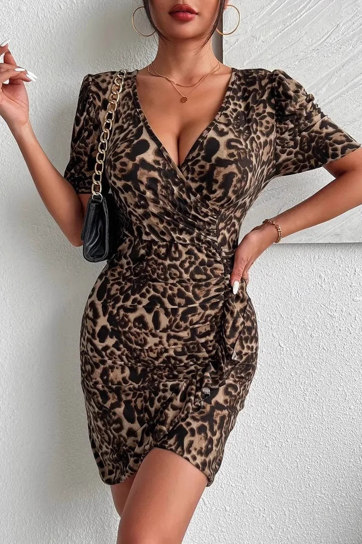 Leopard Print Puff Sleeve Deep V-Neck Bodycon Mini Cocktail Dress