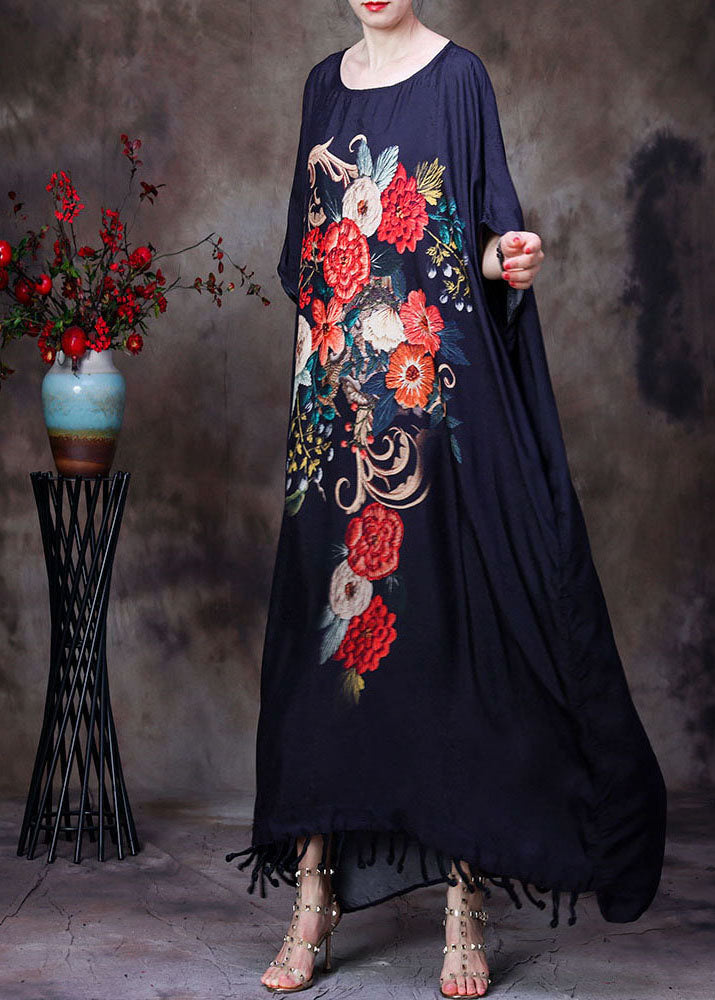 Vertical Floral Embroidery Batwing Sleeve Round Neck Maxi Dress - View 2