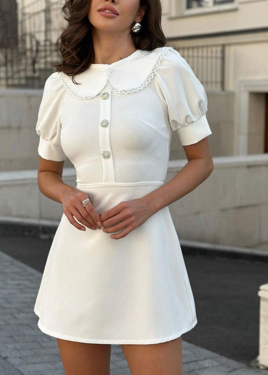 Eloise - Pearl Button Puff Sleeve Mini Dress