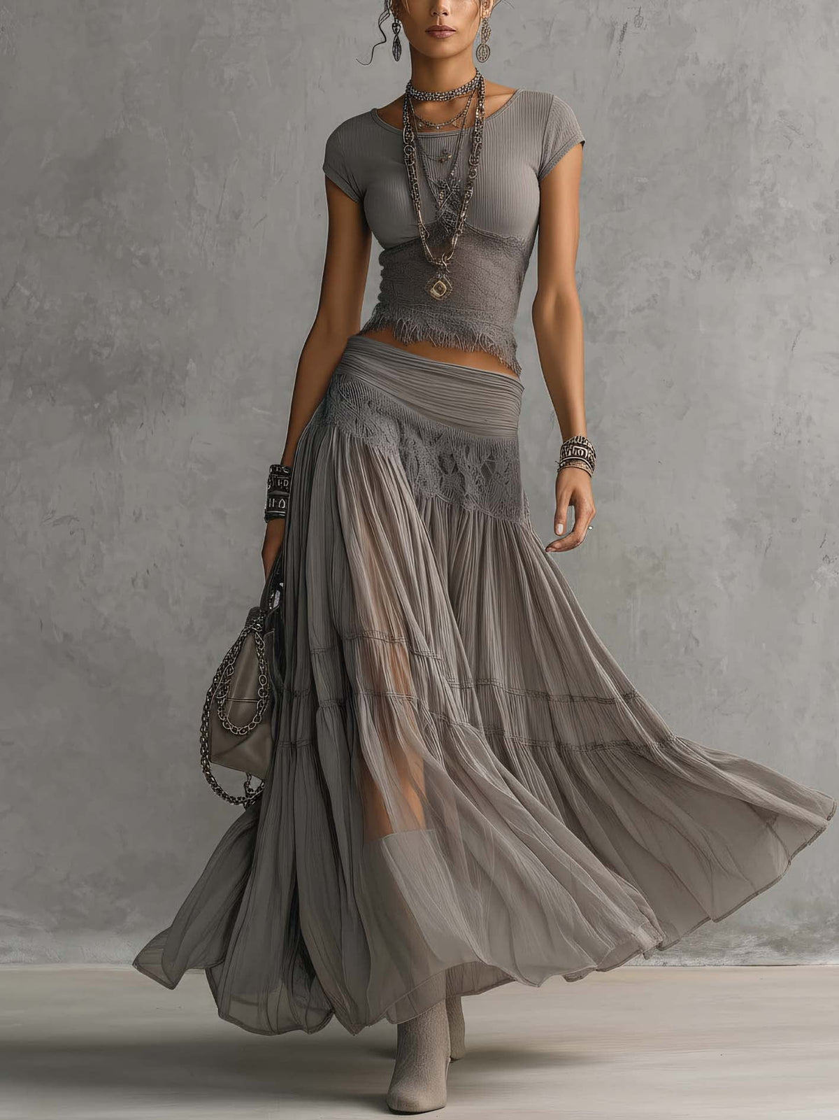 Lace Trim Short Sleeve Top and Tiered Mesh Maxi Skirt Two Piece Set
