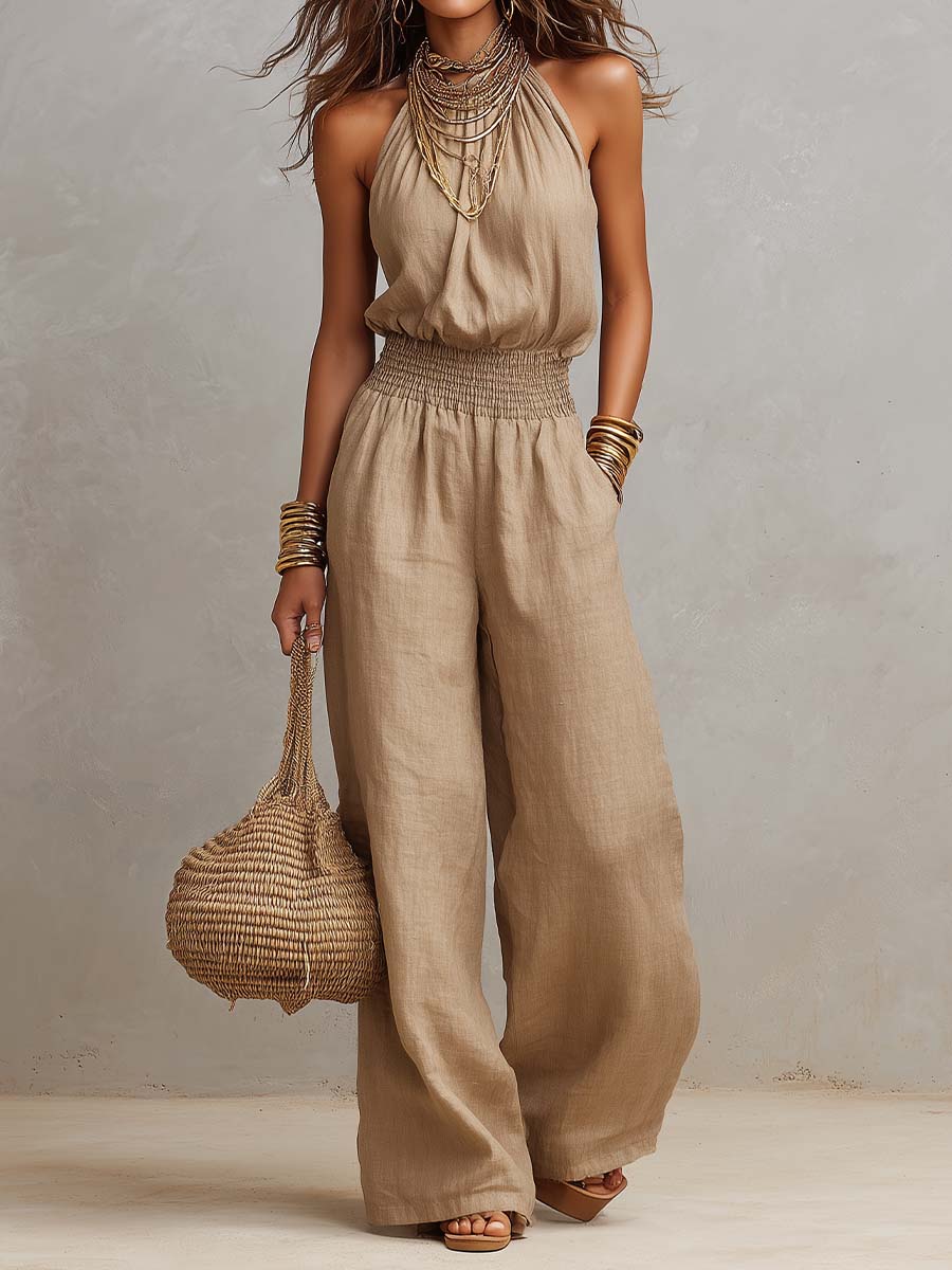 Halter Neck Sleeveless Smocked Waist Wide Leg Jumpsuit