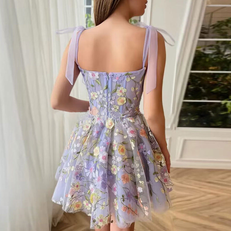 Floral Applique Tie Strap Corset Tulle A-Line Mini Dress - View 5