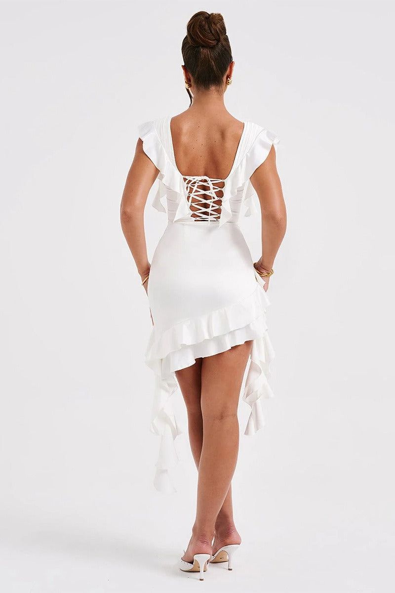 Satin Deep V-Neck Ruffle Corset High Low Dress - View 3