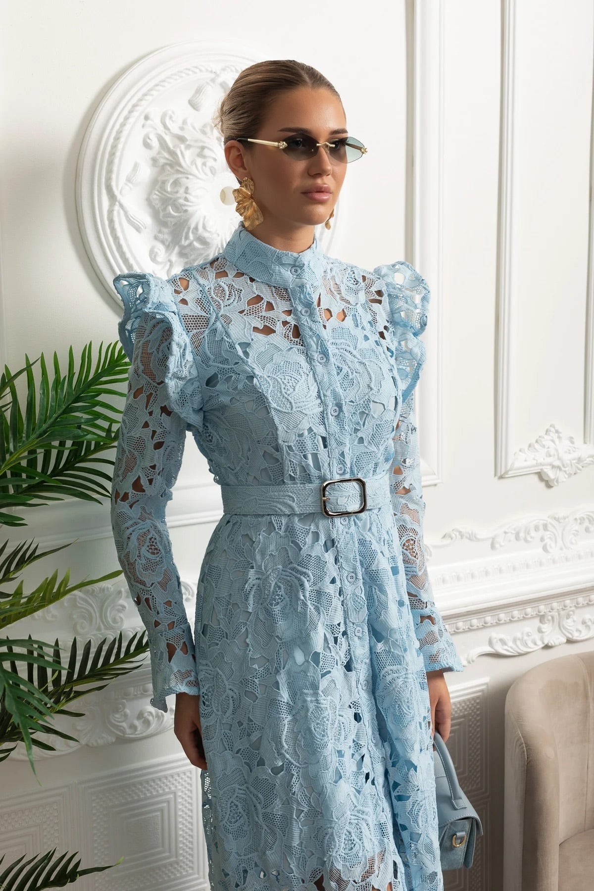 Lace Midi Dress with Ruffled Shoulders and Floral Detailing - Blue - View 2