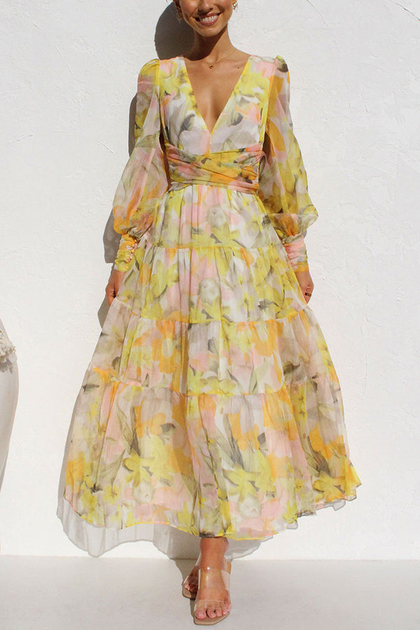 Abstract Floral Print Deep V-Neck Bishop Sleeve Tiered Maxi Dress - View 3