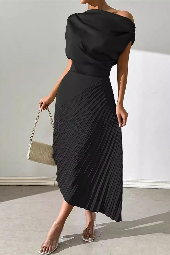 Satin One Shoulder Ruched Pleated Asymmetric Midi Dress - View 6