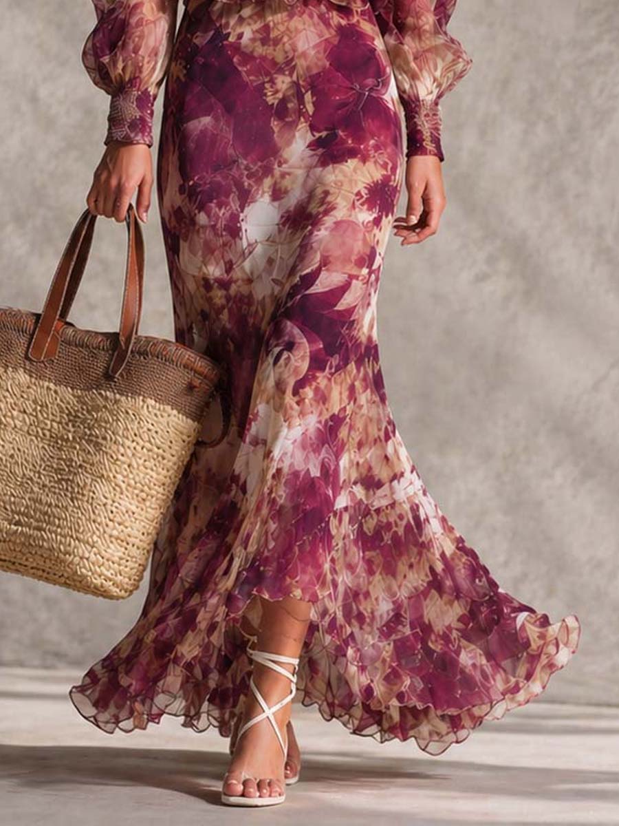 Floral Organza Off Shoulder Ruffle Smocked Mermaid Maxi Dress 3