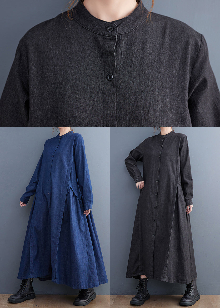 Denim Mandarin Collar Button Front Pleated Side Panel Maxi Dress - View 5