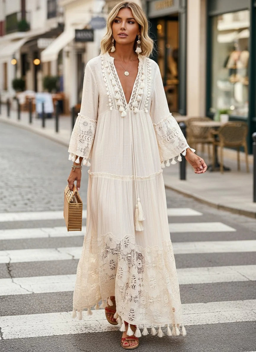 Deep V-Neck Tassel Trim Lace Insert Bell Sleeve Tiered Dress