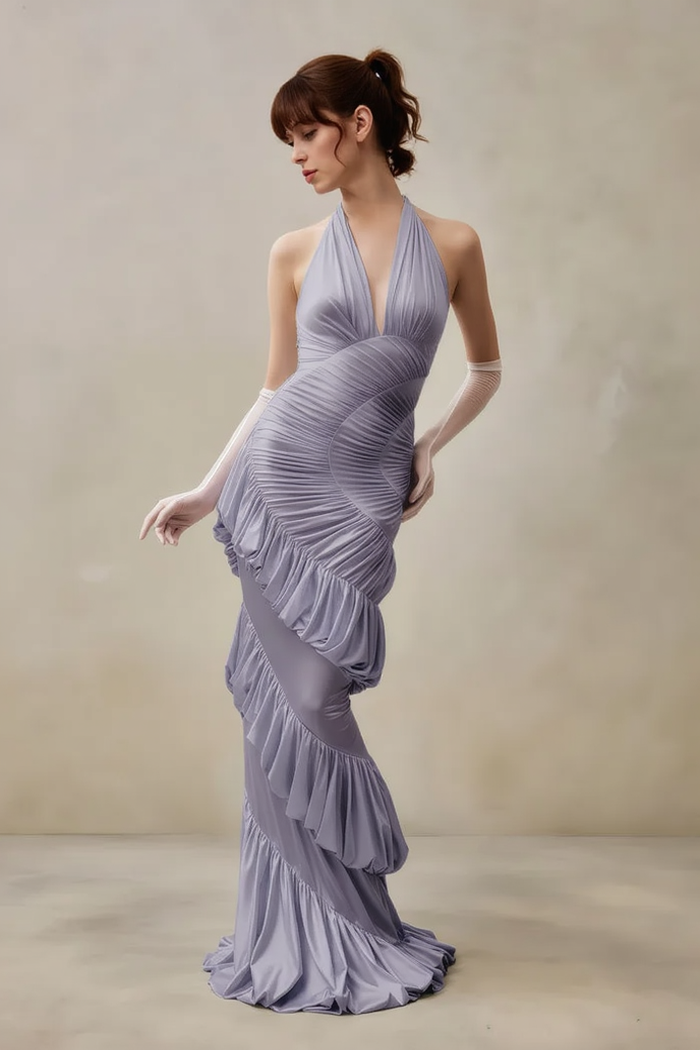 Backless Halter-Neck Ruched Dress