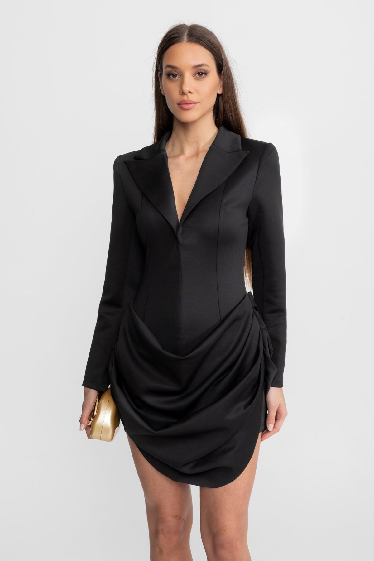 Deep V-Neck Notched Lapel Corset Bodice Draped Blazer Mini Dress - View 3