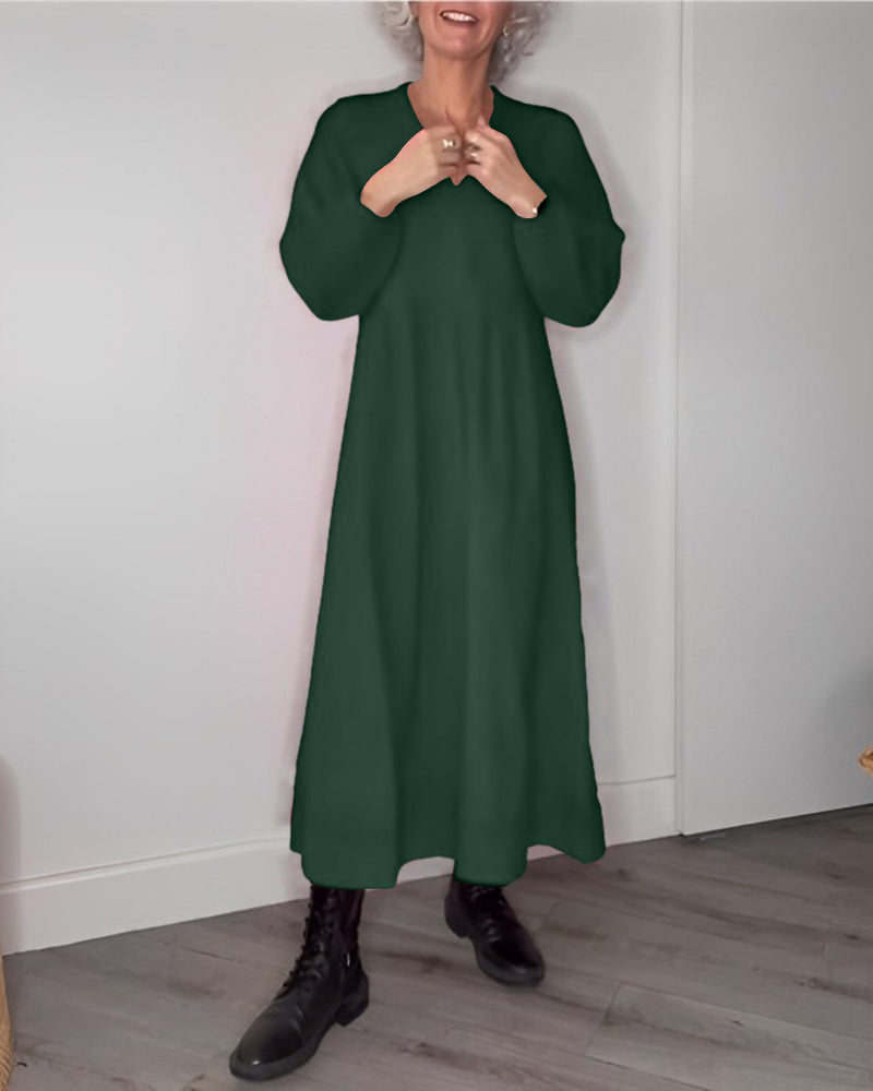 Deep V-Neck Bishop Sleeve Empire Waist Smock Linen Look Maxi Dress - View 2