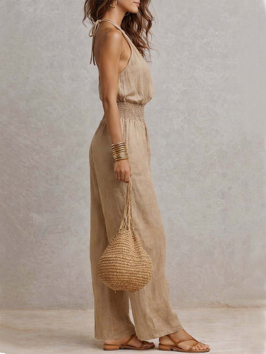 Halter Neck Sleeveless Smocked Waist Wide Leg Jumpsuit 3