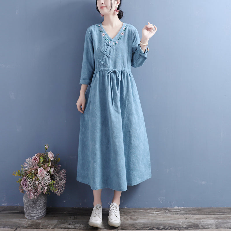 Jacquard Floral Embroidery Frog Button Wrap V-Neck Tie Waist Midi Dress - View 6