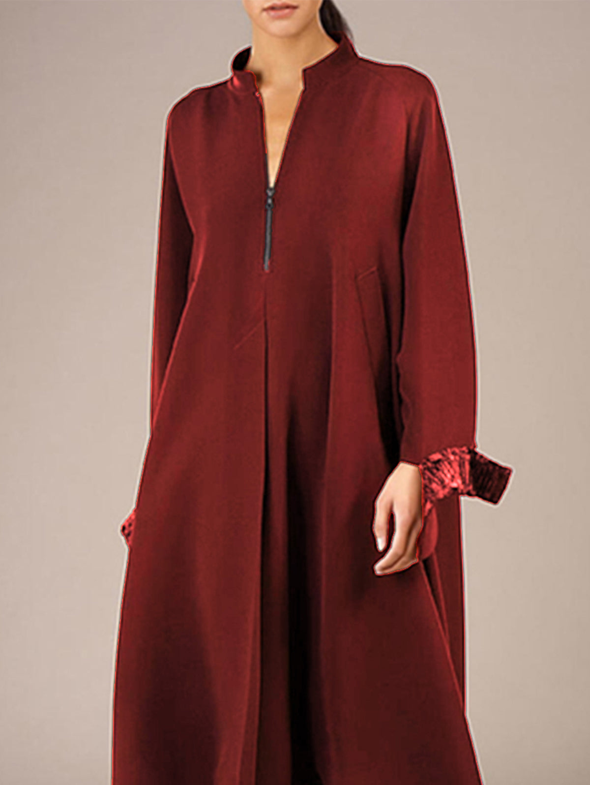 Zip Front Mock Neck Long Sleeve Contrast Cuff Midi Dress - View 5
