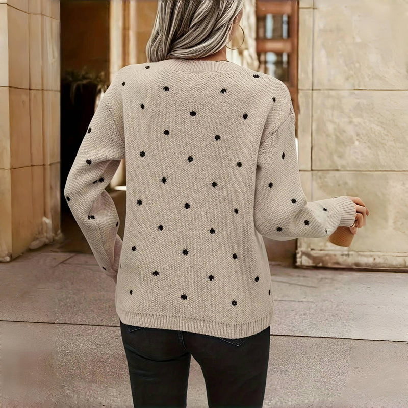 Crew Neck Long Sleeve Polka Dot Knit Sweater 9