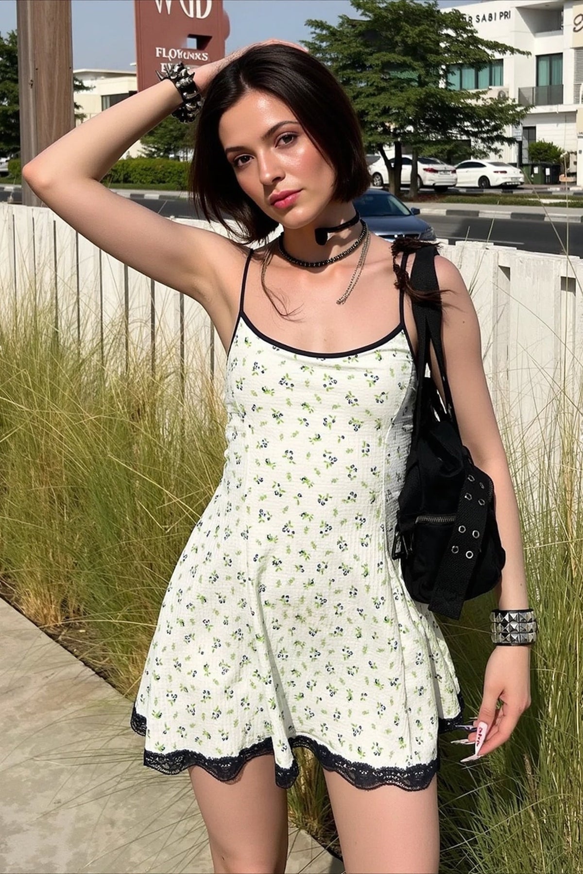 Ditsy Floral Lace Trim Hem Spaghetti Strap Fit and Flare Mini Dress