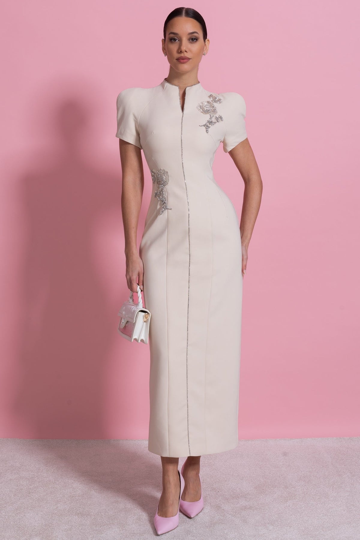 Short Sleeve Midi Dress - Ivoire - View 2