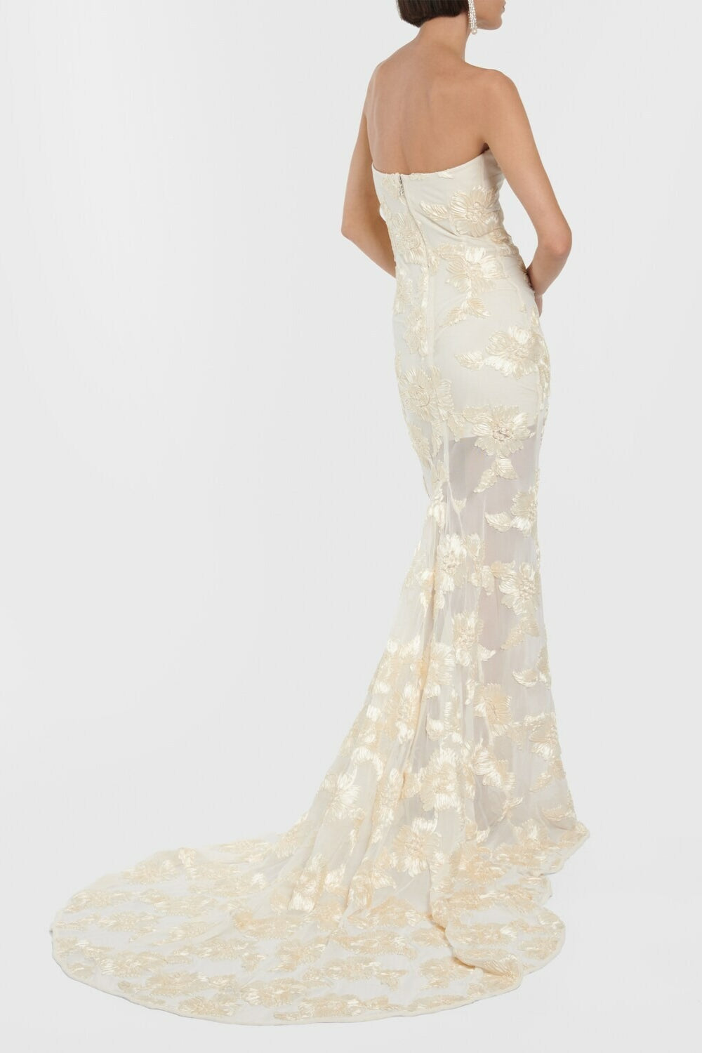 Strapless Floral Embroidered Mesh Mermaid Gown - View 3