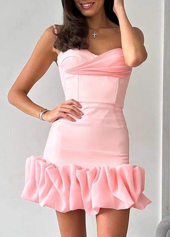 Spaghetti Strap Sweetheart Ruffle Hem Bodycon Mini Dress in Purple - View 6