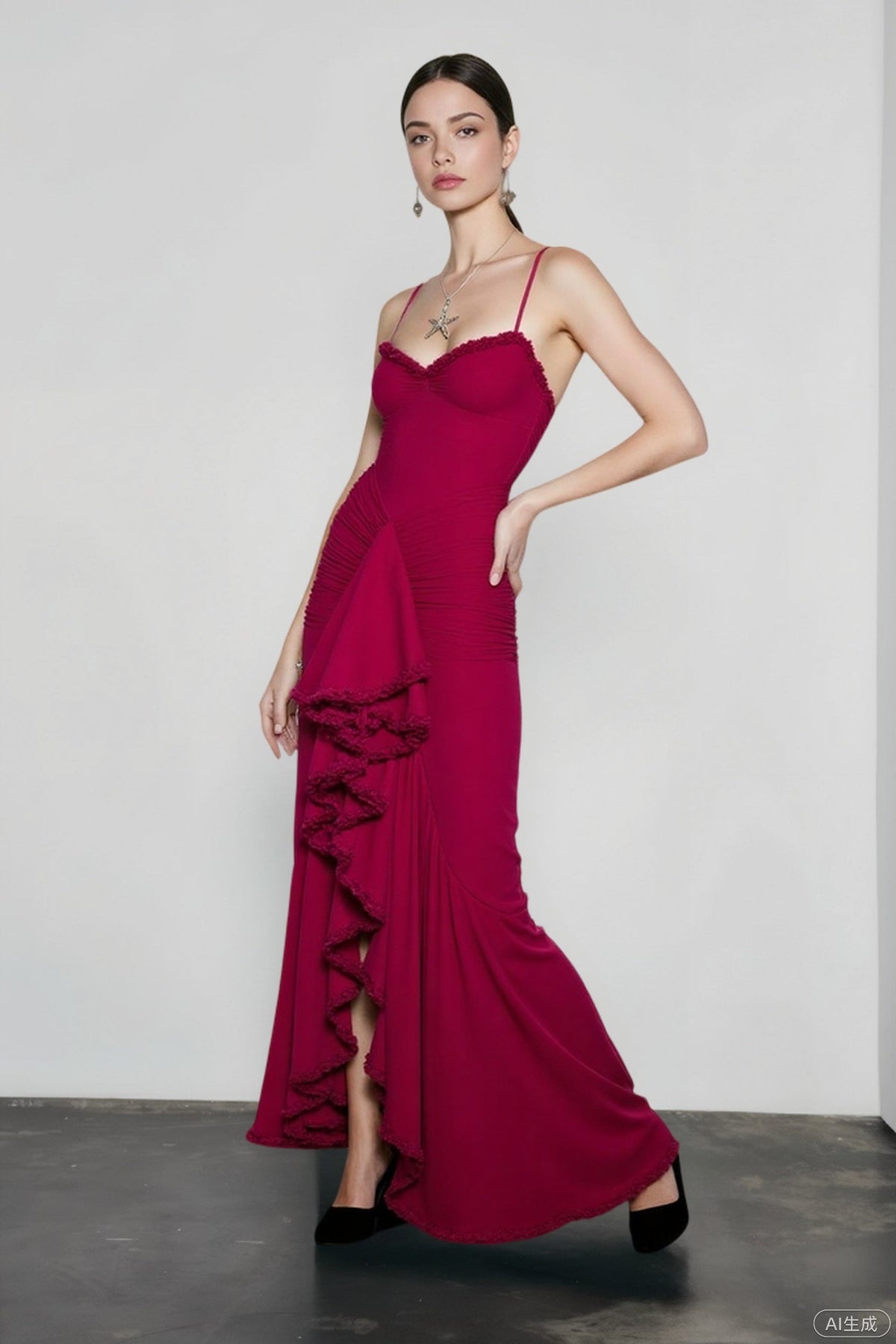 Spaghetti Strap Sweetheart Ruched Ruffle Trim Mermaid Gown 9
