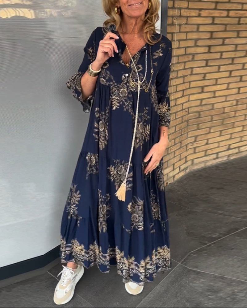 Floral Print V-Neck Collar Button Front Tiered Bell Sleeve Maxi Dress