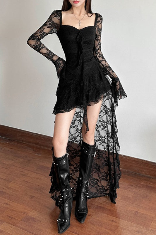 Long Sleeve Irregular Hem Lace Dress