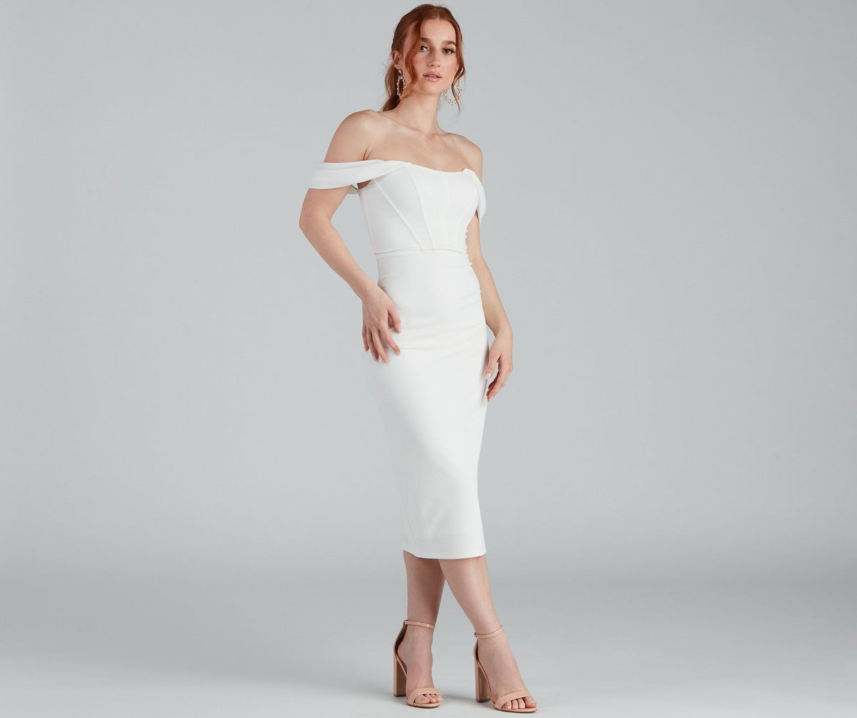 Off Shoulder Corset Crepe Bodycon Midi Dress - View 4